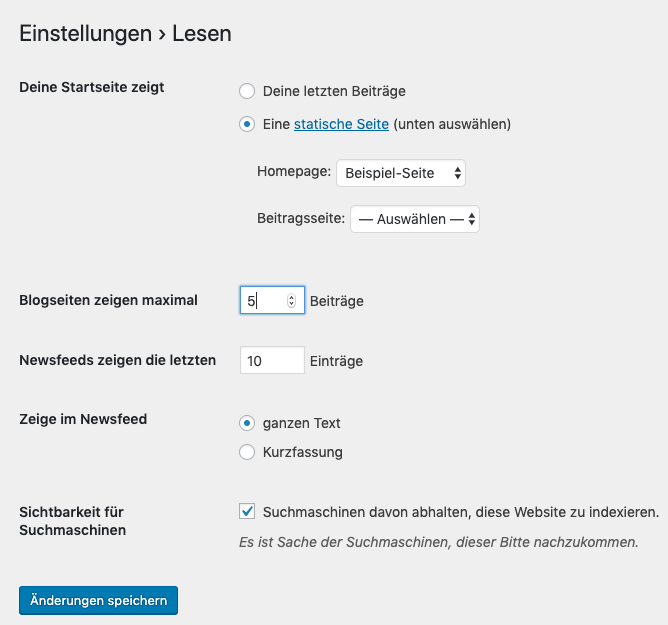 Einstellungen: Beiträge pro Seite