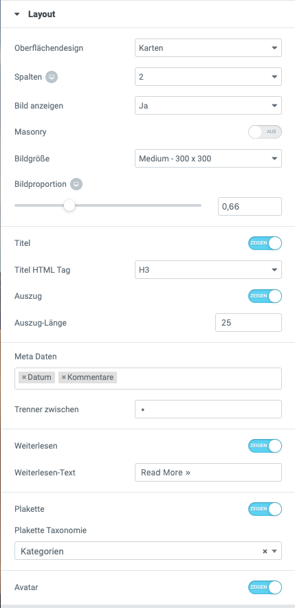 Archivoptionen Elementor