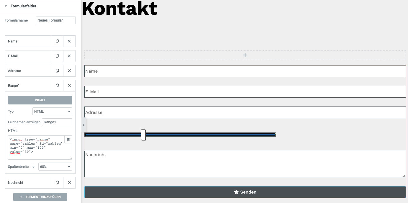 Elementor input type=range