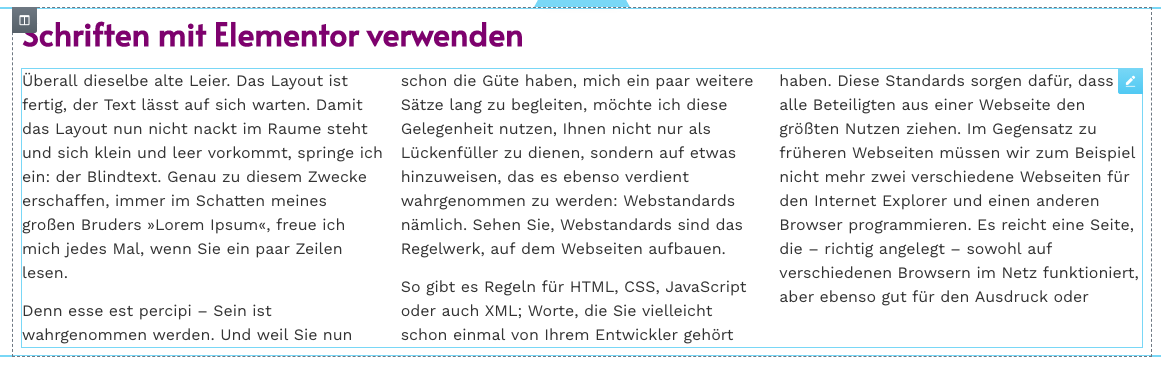 Elementor Text spalten