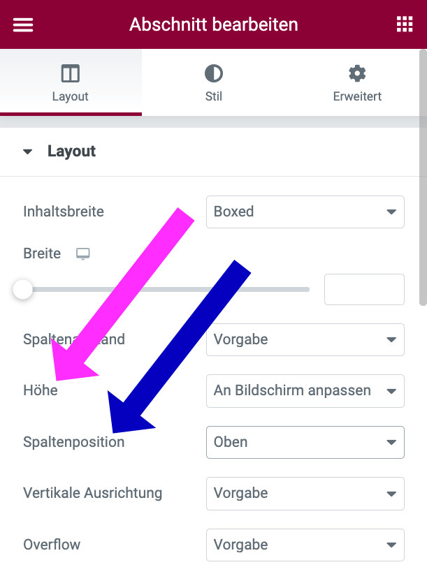 Abschnitt Höhe und Position