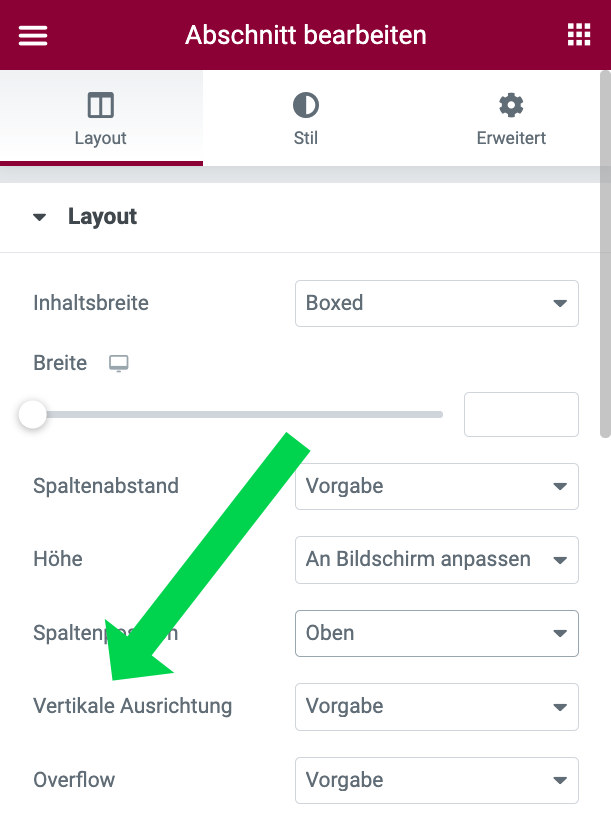 Ausrichtung im Abschnitt