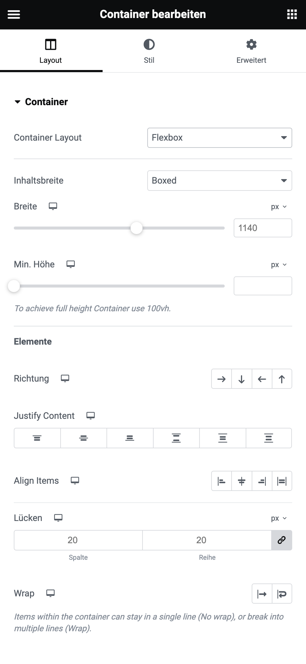 Elementor Container Einstellungen