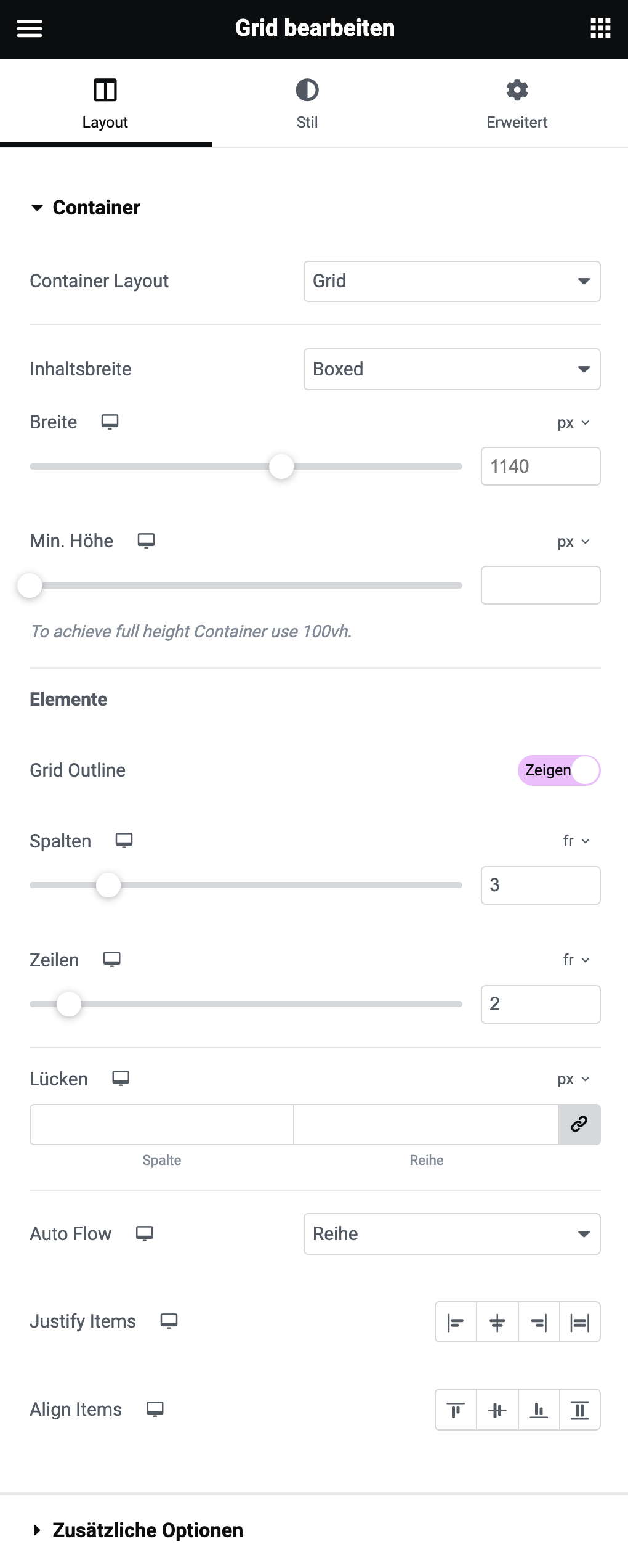 Elementor Grid Panel