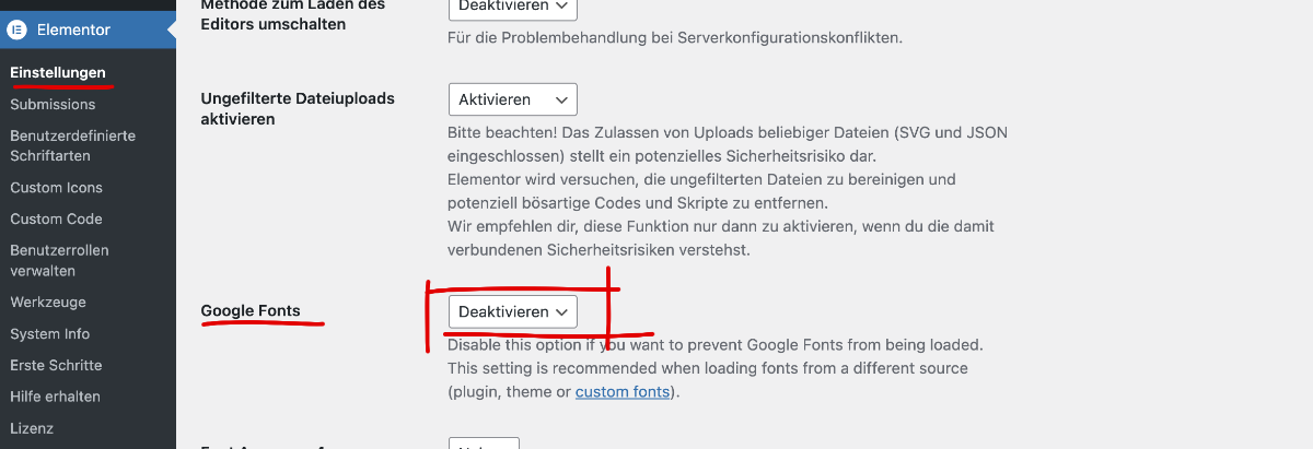 Dekativierten Google Fonts