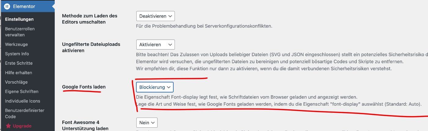 Elementor Google Font Optionen