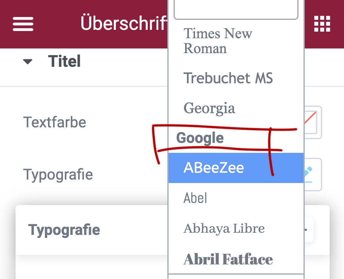 Elementor Google Fonts Menu
