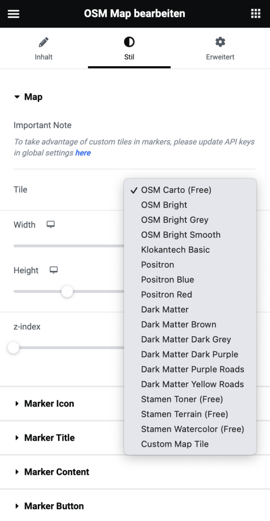 Stil Menu des OSM-Widgets