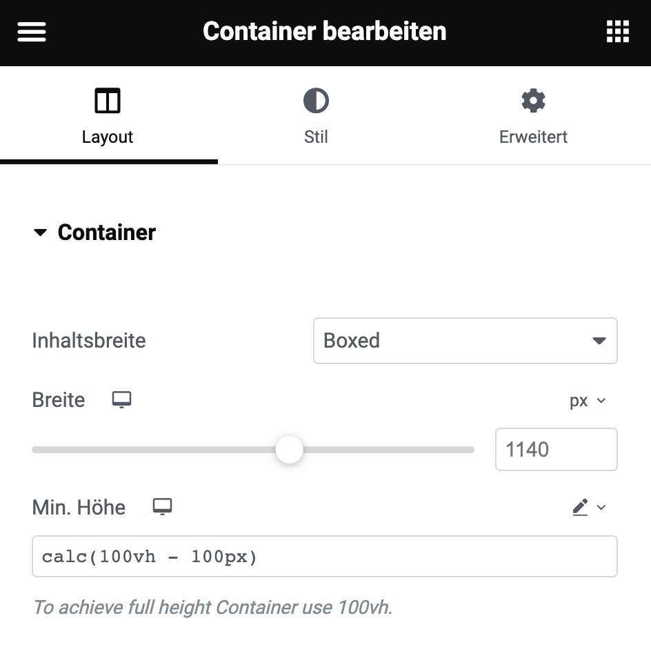 Elementor Conatiner Mindeshöhe