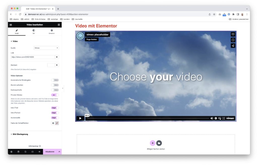 Vimeo gehostetes Video Elementor