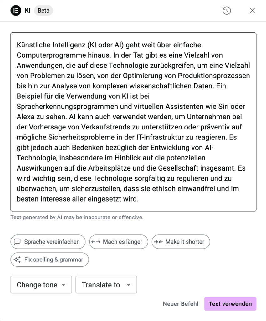 Der von der AI generierte Text