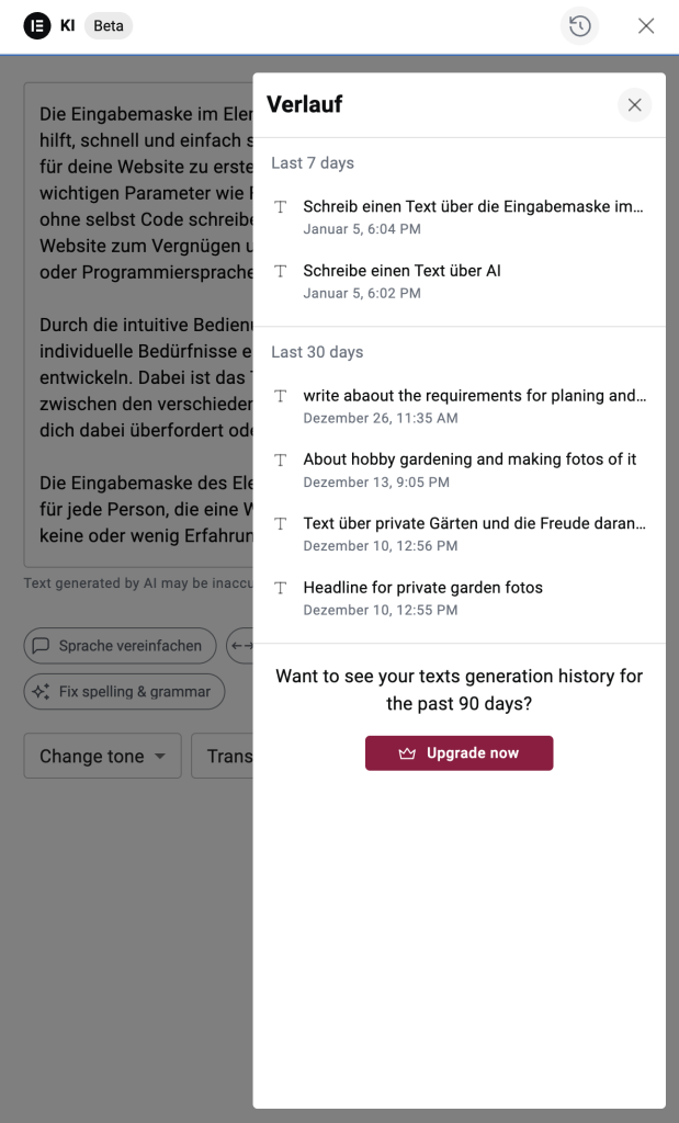 Verlauf Elementor AI