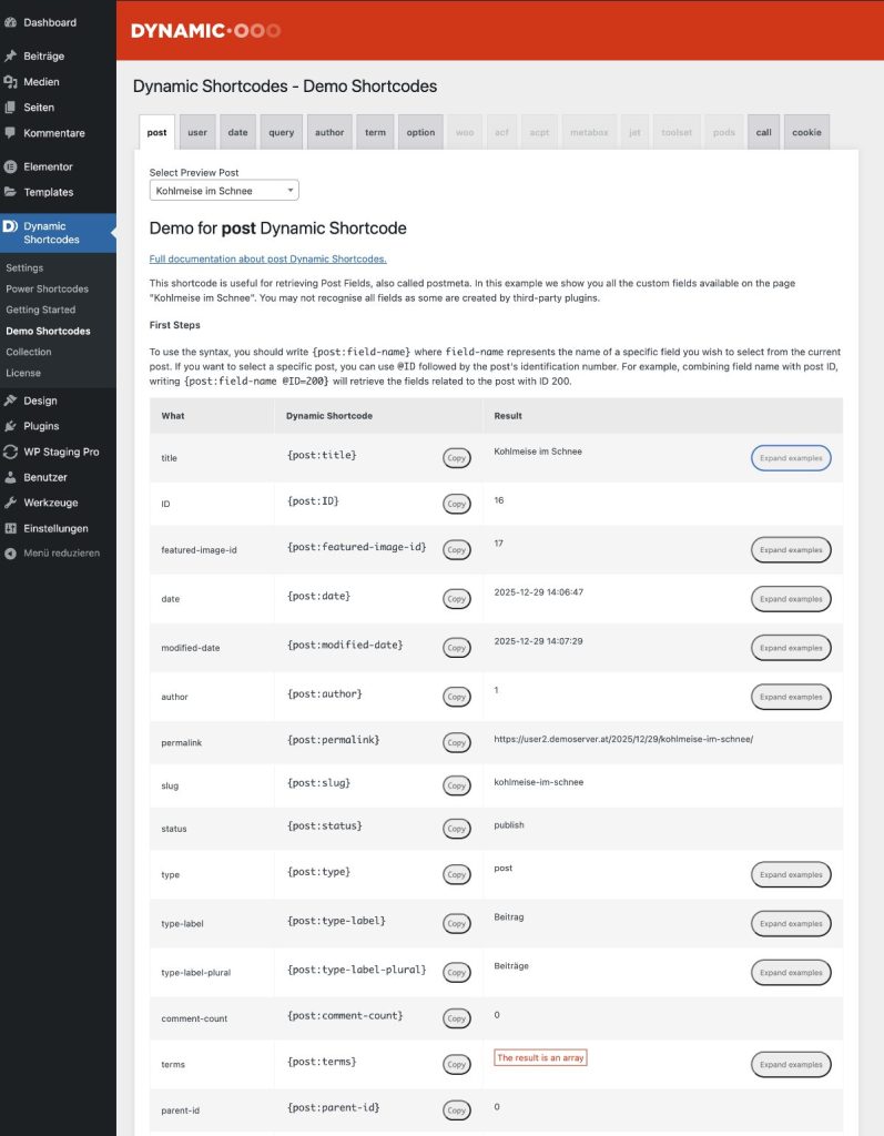 Demo Dynamic Shortcodes