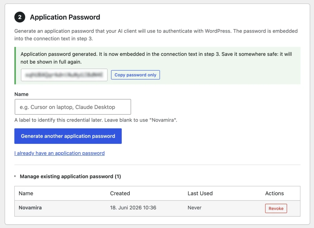 Novamira Application Passwort